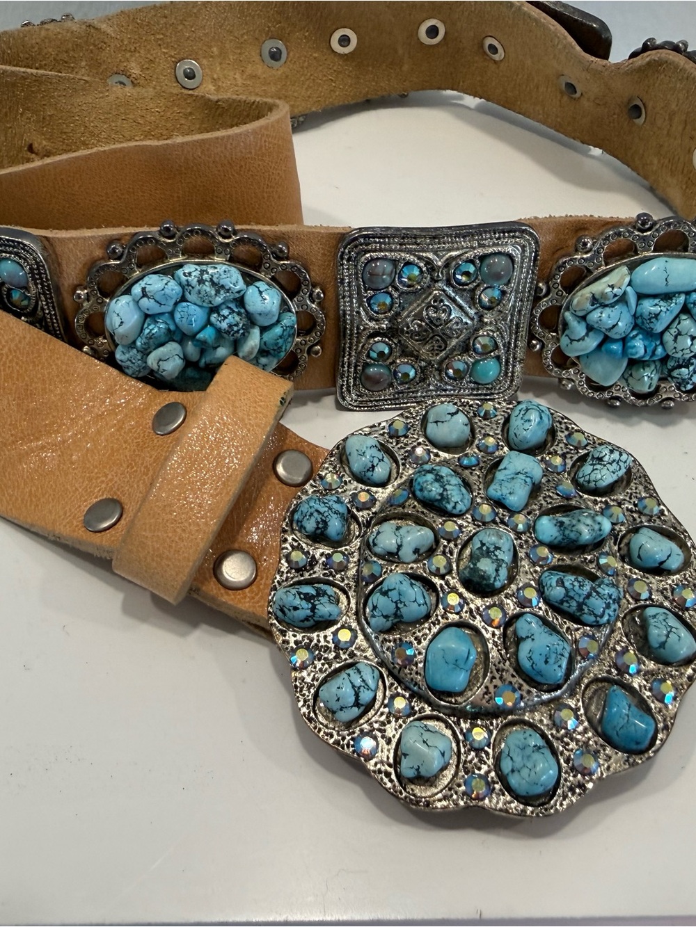 Vintage Turquoise Stone Embellished Tan Leather Belt by Leatherock - Picture 2 of 11